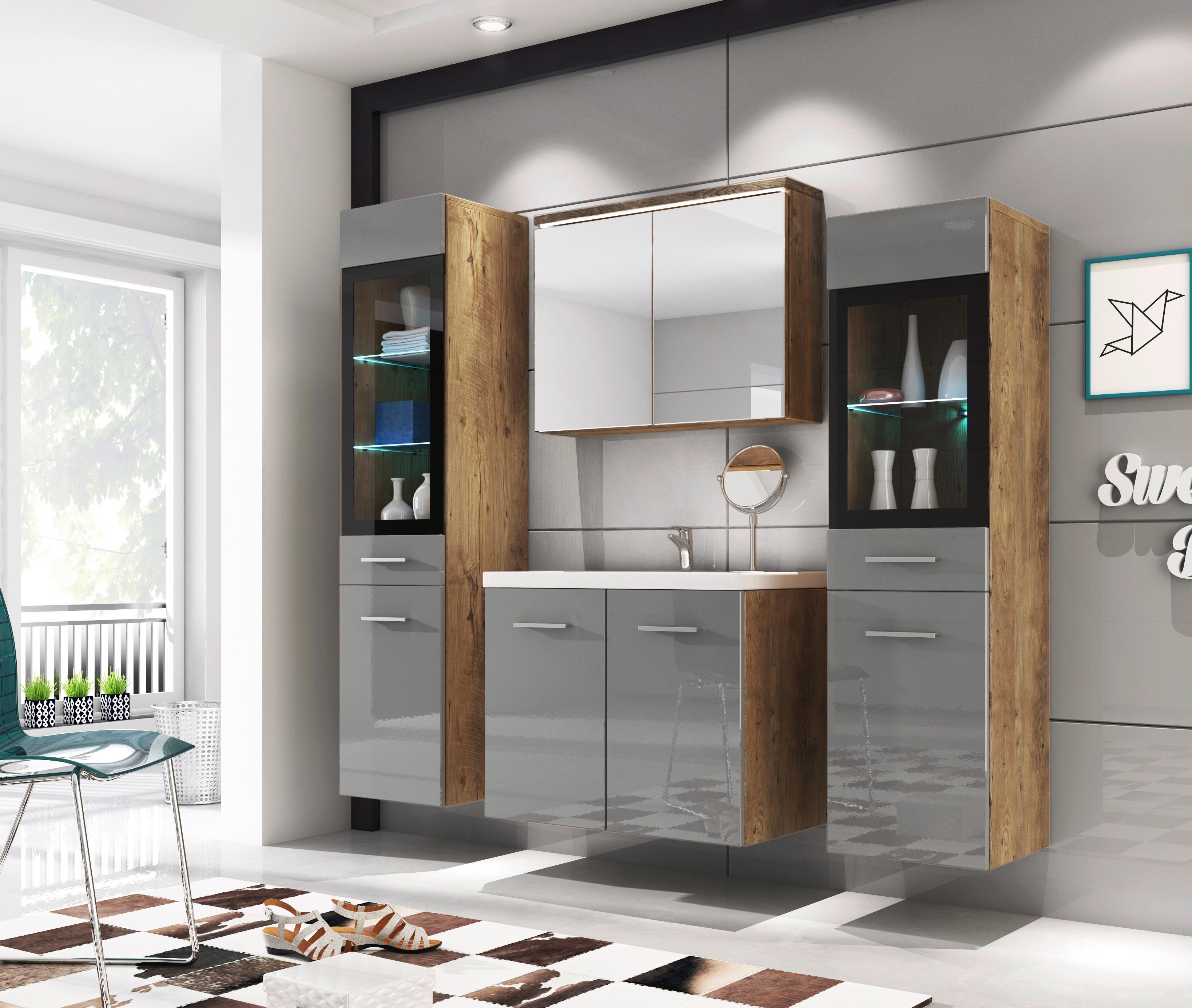 Kopalnica Madrit, Siva, Barva Hrasta, Led, 5-Delno - siva/bela, Basics, umetna masa/steklo (120cm) - P & B