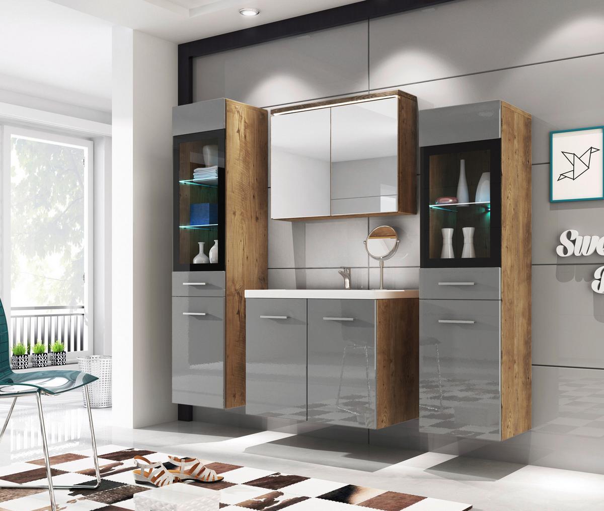 Kopalnica Madrit, Siva, Barva Hrasta, Led, 5-Delno - siva/bela, Basics, umetna masa/steklo (120cm) - P & B