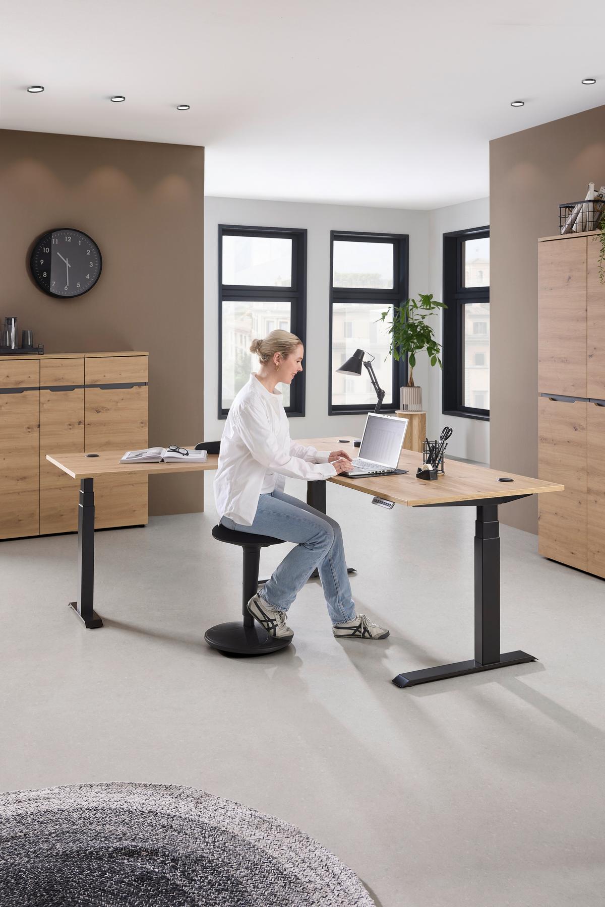 Eckschreibtisch Memphis In Eiche Artisan/graphitfarben - Graphitfarben/Eiche Artisan, Modern, Holzwerkstoff/Metall (185/77/64-129cm) - Premium Living