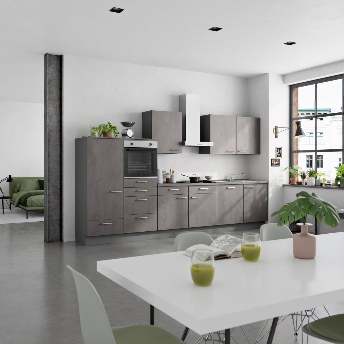 Küchenblock Riva Low m. Geräten Schieferfarben - Schieferfarben/Edelstahlfarben, MODERN, Holzwerkstoff/Metall (360cm) - Nobilia