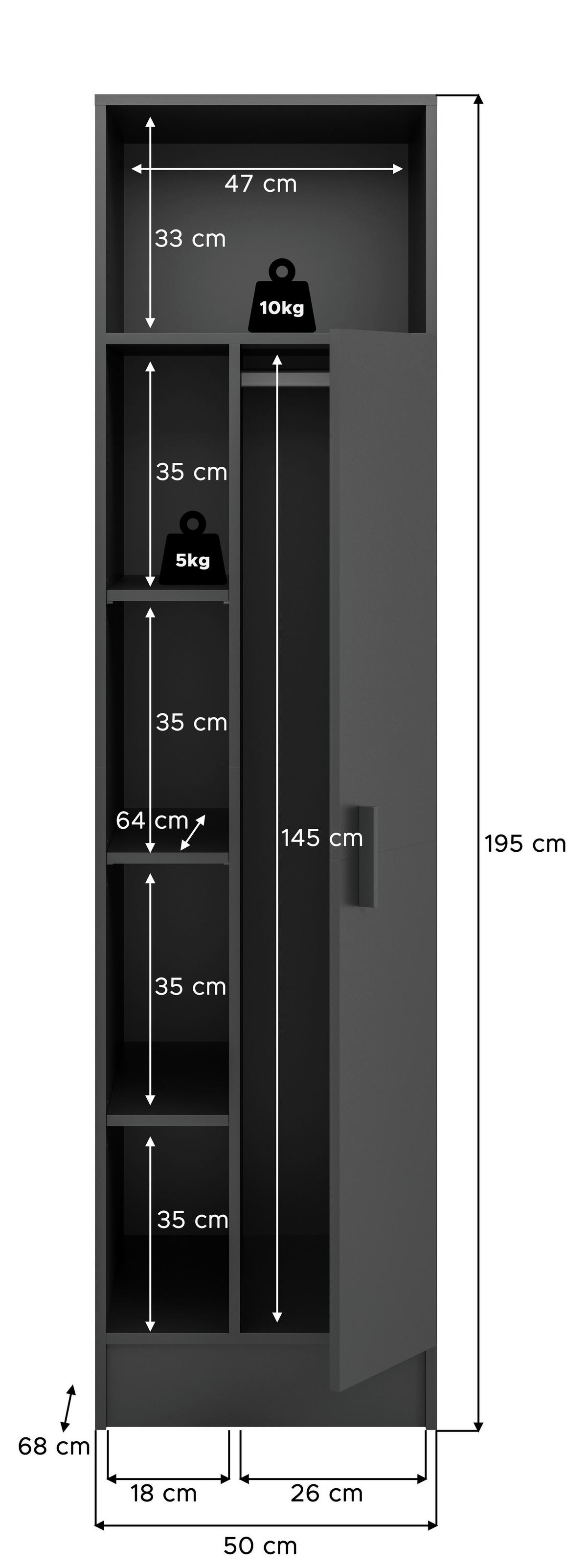 Hochschrank Free Anthrazit - Anthrazit/Schwarz, Basics, Holzwerkstoff/Kunststoff (50/195/68cm) - MID.YOU