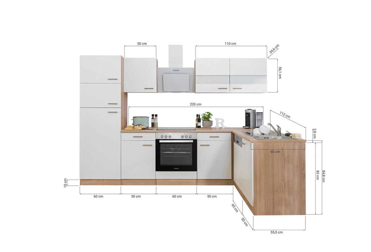Eckküche Economy Weiß/Eiche mit Geräte ca. 172x280 cm - Eichefarben/Weiß, Basics, Glas/Holzwerkstoff (280/172cm) - Respekta