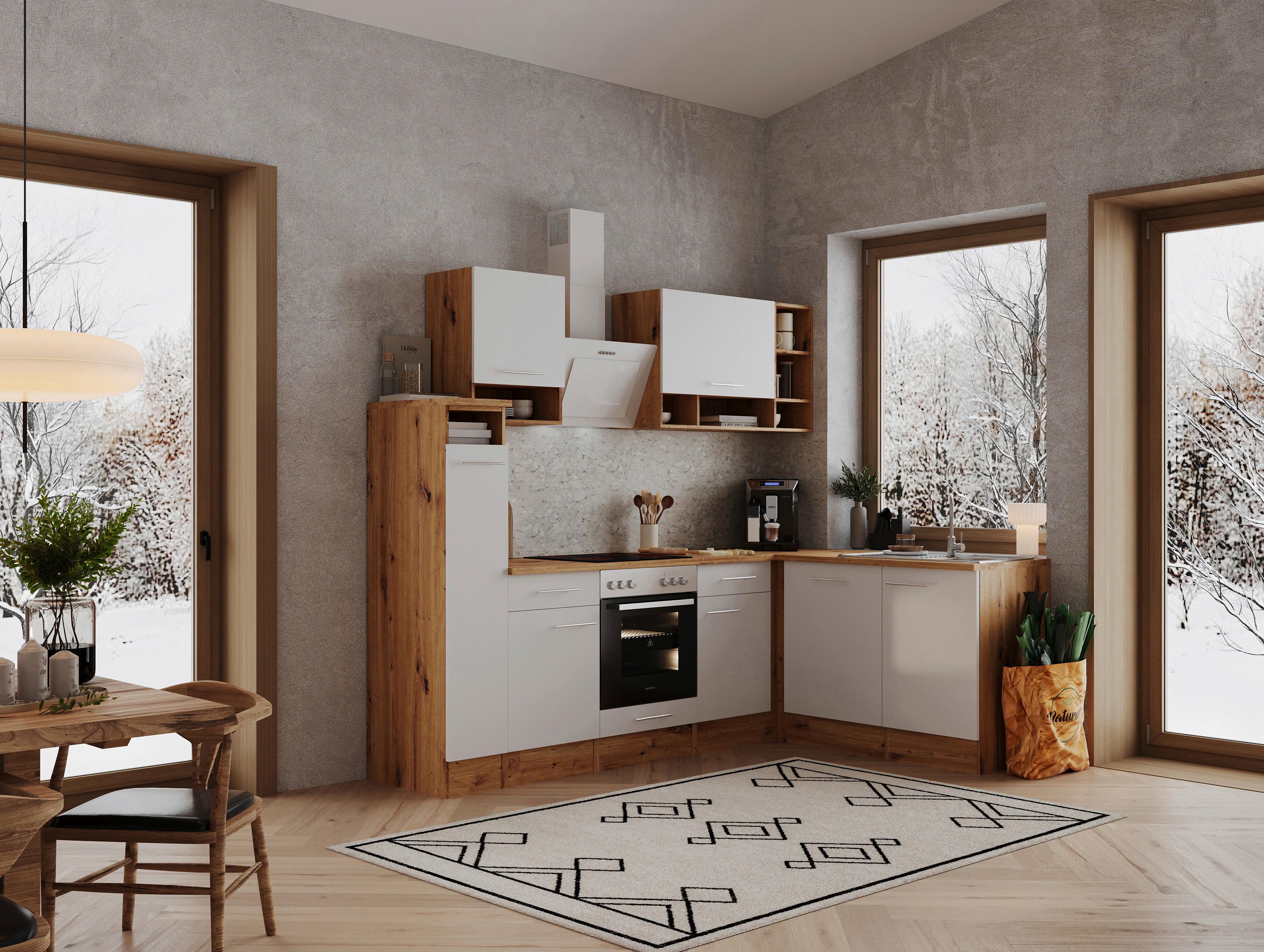 Eckküche Weiß/Eiche ca. 250x172 cm - Eichefarben/Weiß, Basics, Holzwerkstoff/Metall (250/172cm) - Respekta