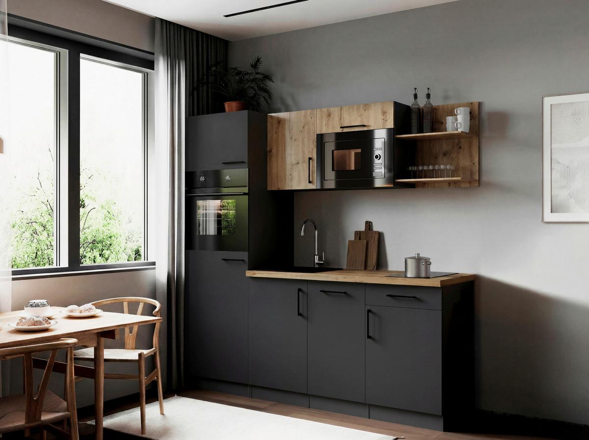 Küchenblock Oliver m. Geräten Grau - Eiche Artisan/Grau, Trend, Holzwerkstoff/Metall (205cm) - Respekta