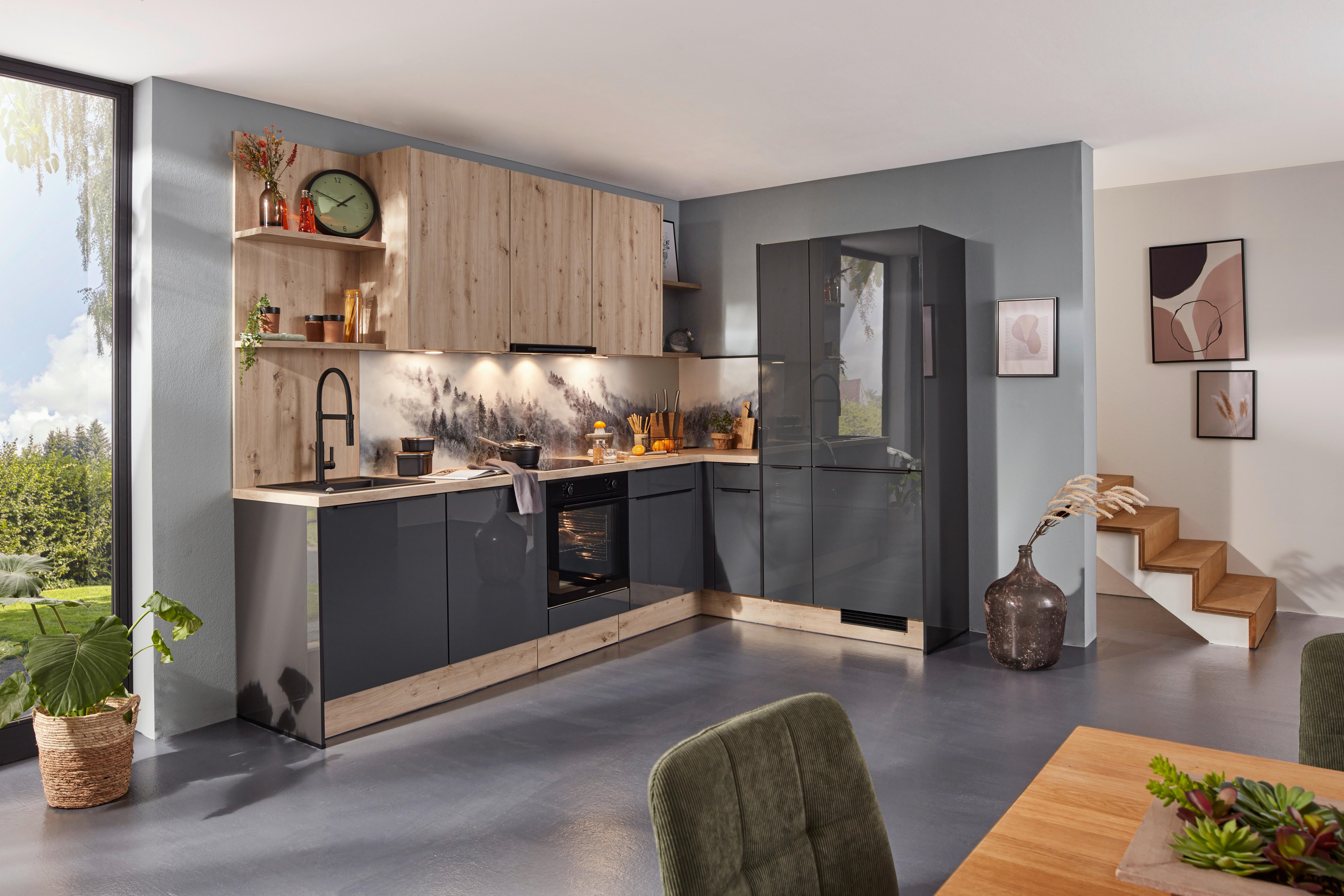 Eckküche IP4050 in Grau/Eichefarben - Eichefarben/Graphitfarben, Modern, Holzwerkstoff/Metall (188,2/306,6cm) - Impuls