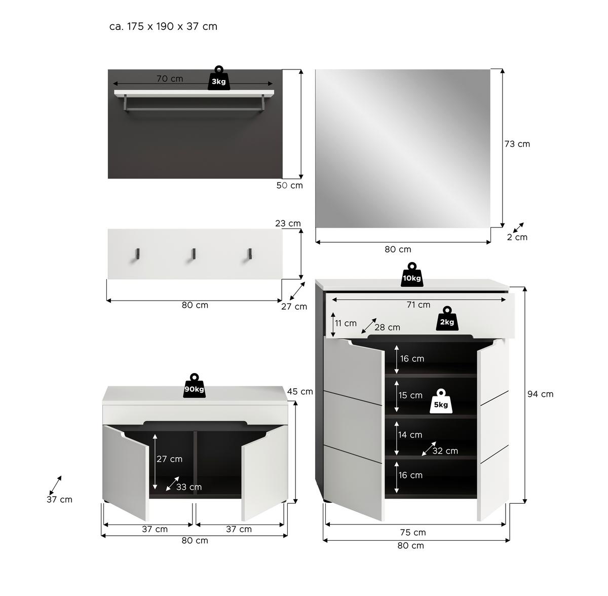 Predsoba Canu, Bela, Siva, 4-Delna - siva/bela, Design, leseni material (175/190/37cm) - Livetastic