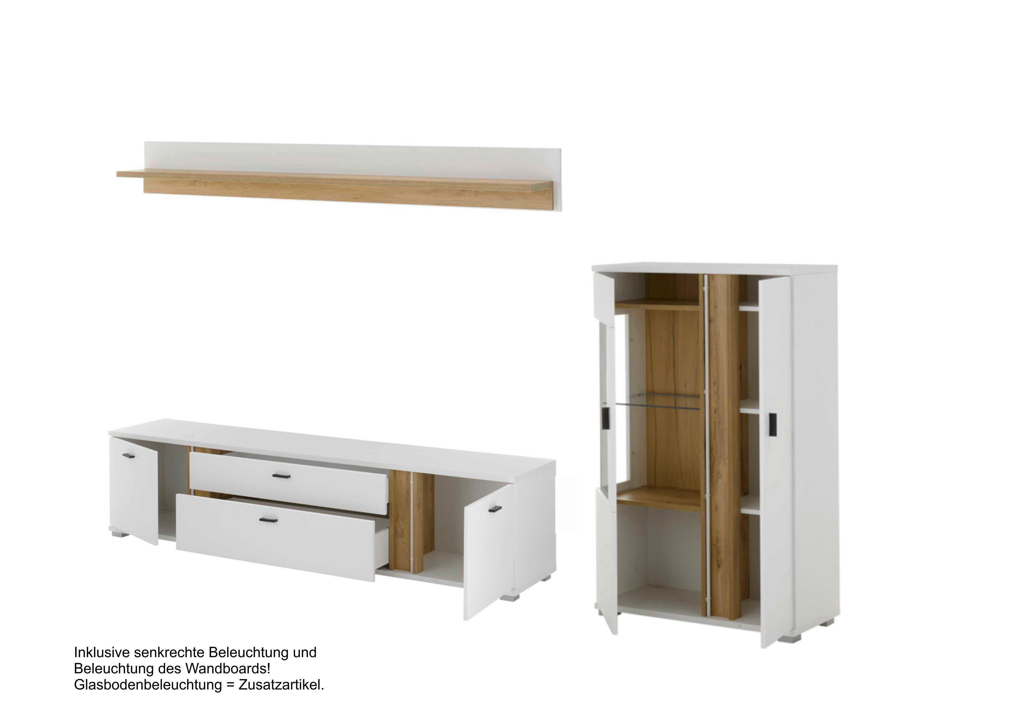 WOHNWAND LONG ISLAND - Eiche Wotan/Silberfarben, Design, Glas/Holzwerkstoff (290/170/42cm) - MID.YOU