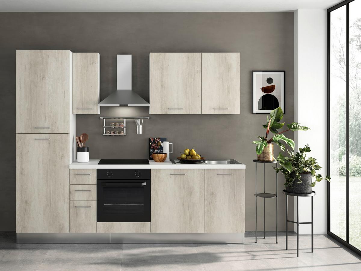 Küchenzeile Gardena m. Geräten Eiche - Eiche Bianco/Alufarben, MODERN, Holzwerkstoff/Kunststoff (255/88/216cm) - MID.YOU