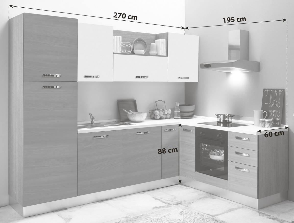 Eckküche Sofia mit Geräten ca. 270x195 cm Weiß/Ulmefarben - Eiche grau/Magnolie, LIFESTYLE, Holzwerkstoff/Kunststoff (270/195cm) - MID.YOU