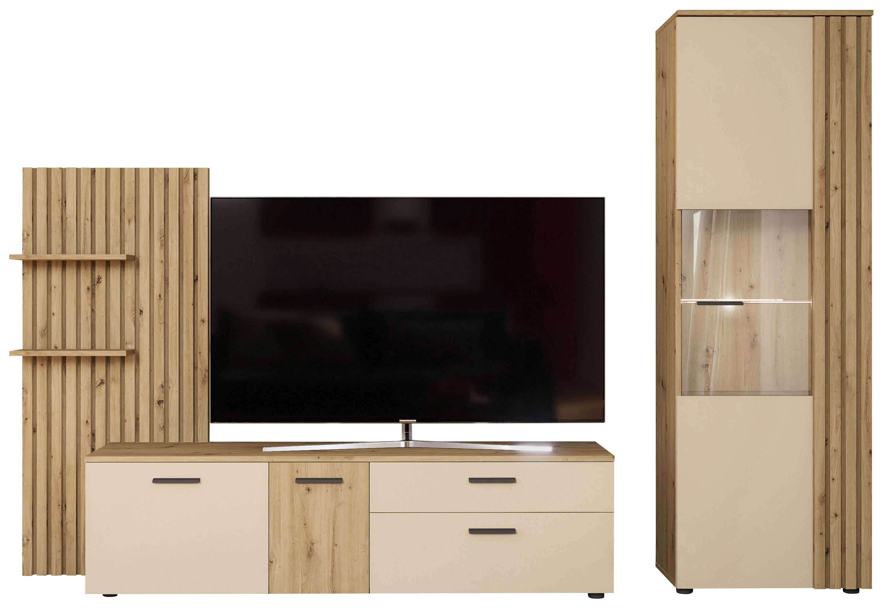 Anbauwand Gatwick Creme/Eiche Artisan - Creme/Schwarz, MODERN, Glas/Holzwerkstoff (280/180/38cm) - Mömax