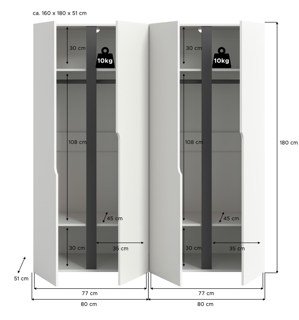 Drehtürenschrank ANGA Weiß - Weiß, MODERN, Holzwerkstoff (160/180/51cm) - MID.YOU