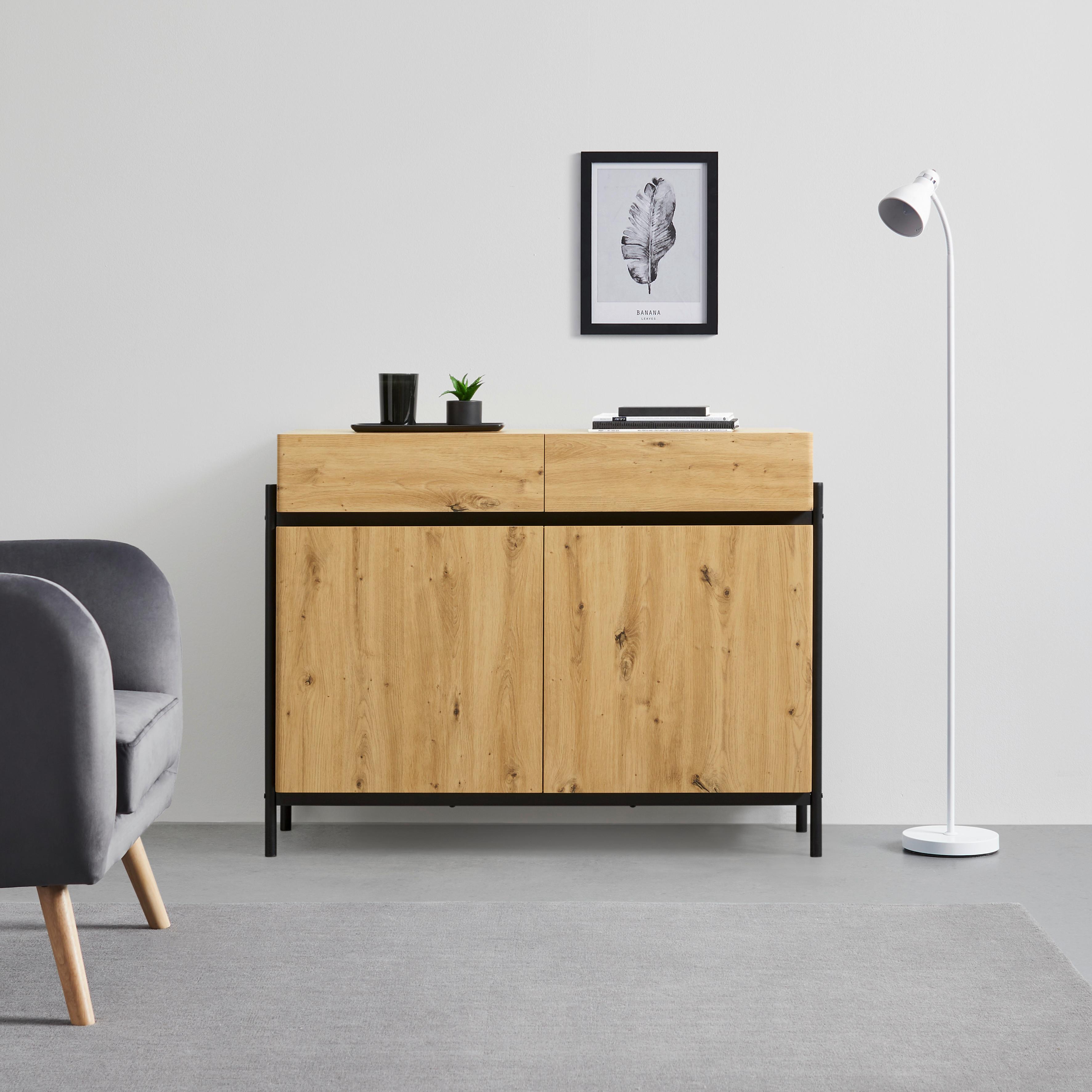 Komoda Jasmina, Barva Hrasta - črna/barve hrasta, Moderno, kovina/les (118/90/41,5cm) - Bessagi Home