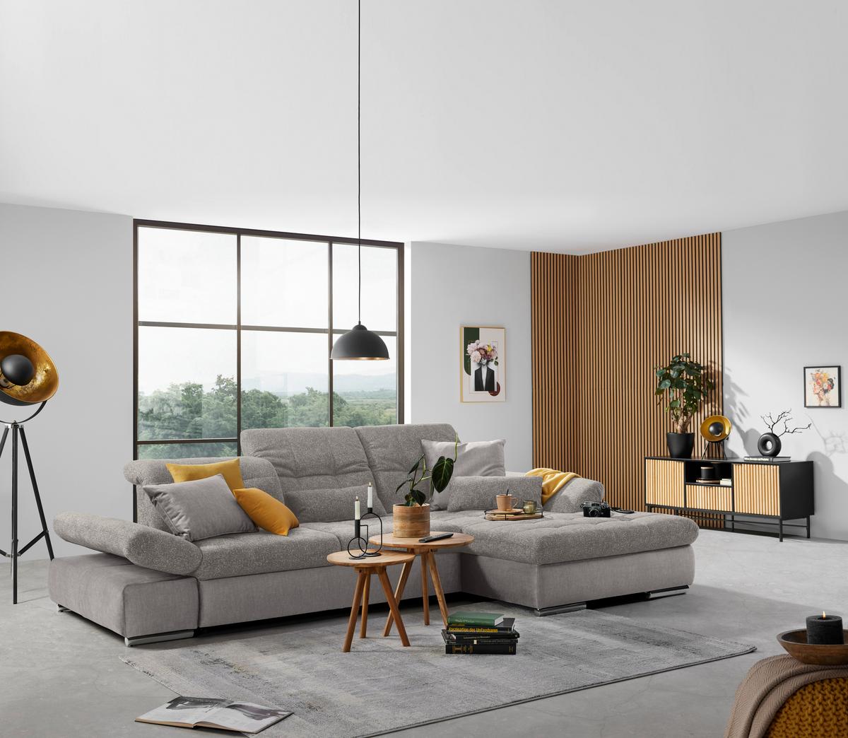 Wohnlandschaft Sanfino Silberfarben - Chromfarben/Silberfarben, KONVENTIONELL, Holz/Textil (305/79-96/199cm) - Premium Living