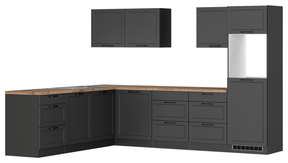Eckküche Meran ohne Geräte ca. 240x300cm Grau/Eiche Dekor - Eiche Wotan/Schwarz, LIFESTYLE, Holzwerkstoff/Metall (240/300cm) - Held