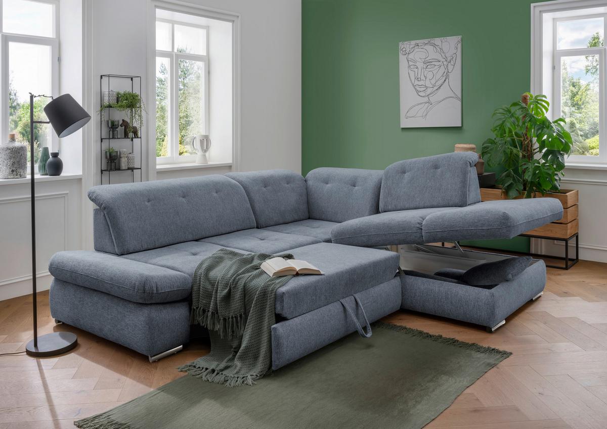 Wohnlandschaft Dalida Blau Chenille - Blau/Chromfarben, Design, Textil/Metall (280/254cm) - Livetastic