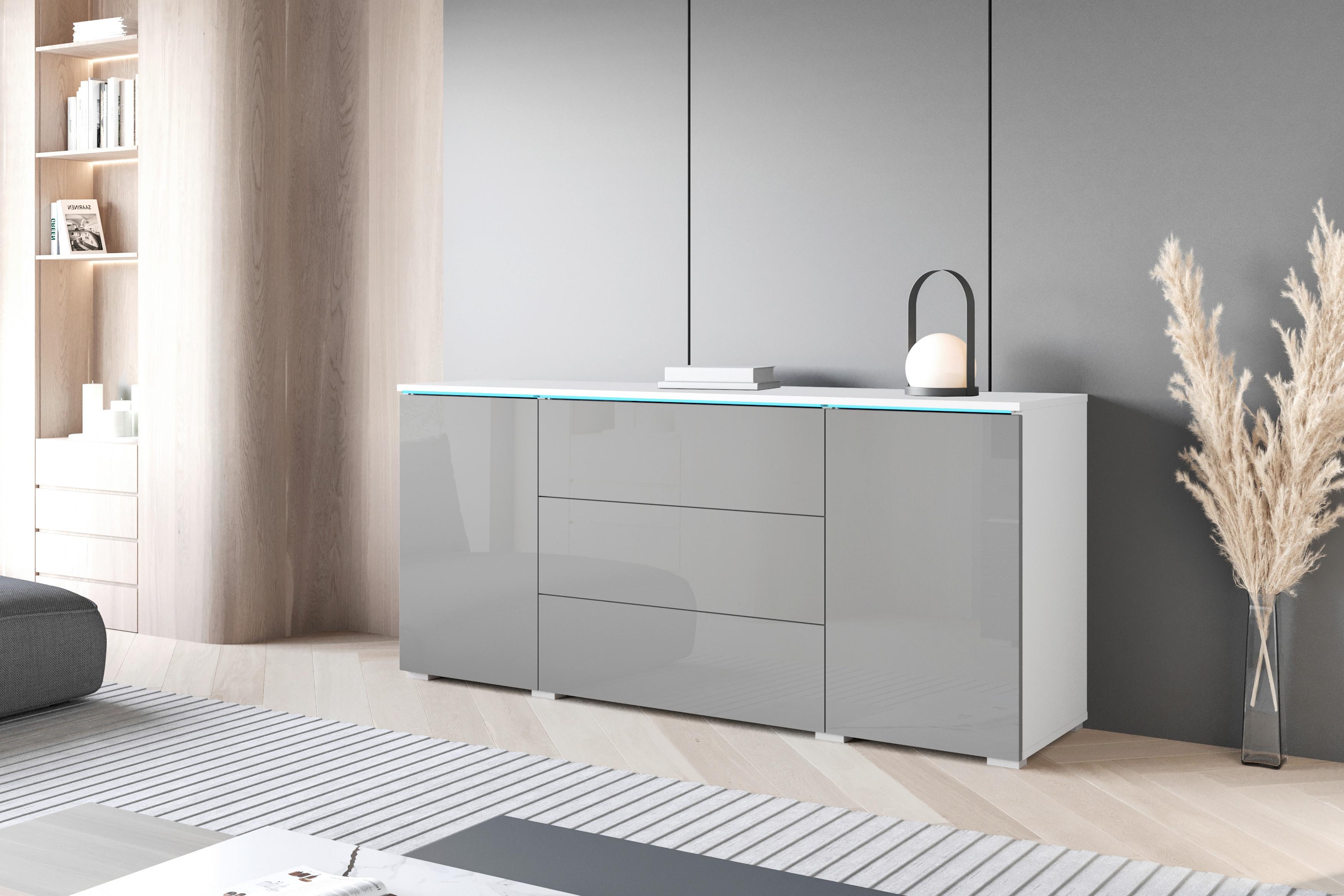 Comodă Cu Uși Vera - alb/gri lucios intens, Trend, material pe bază de lemn (150/67,9/39,5cm) - P & B