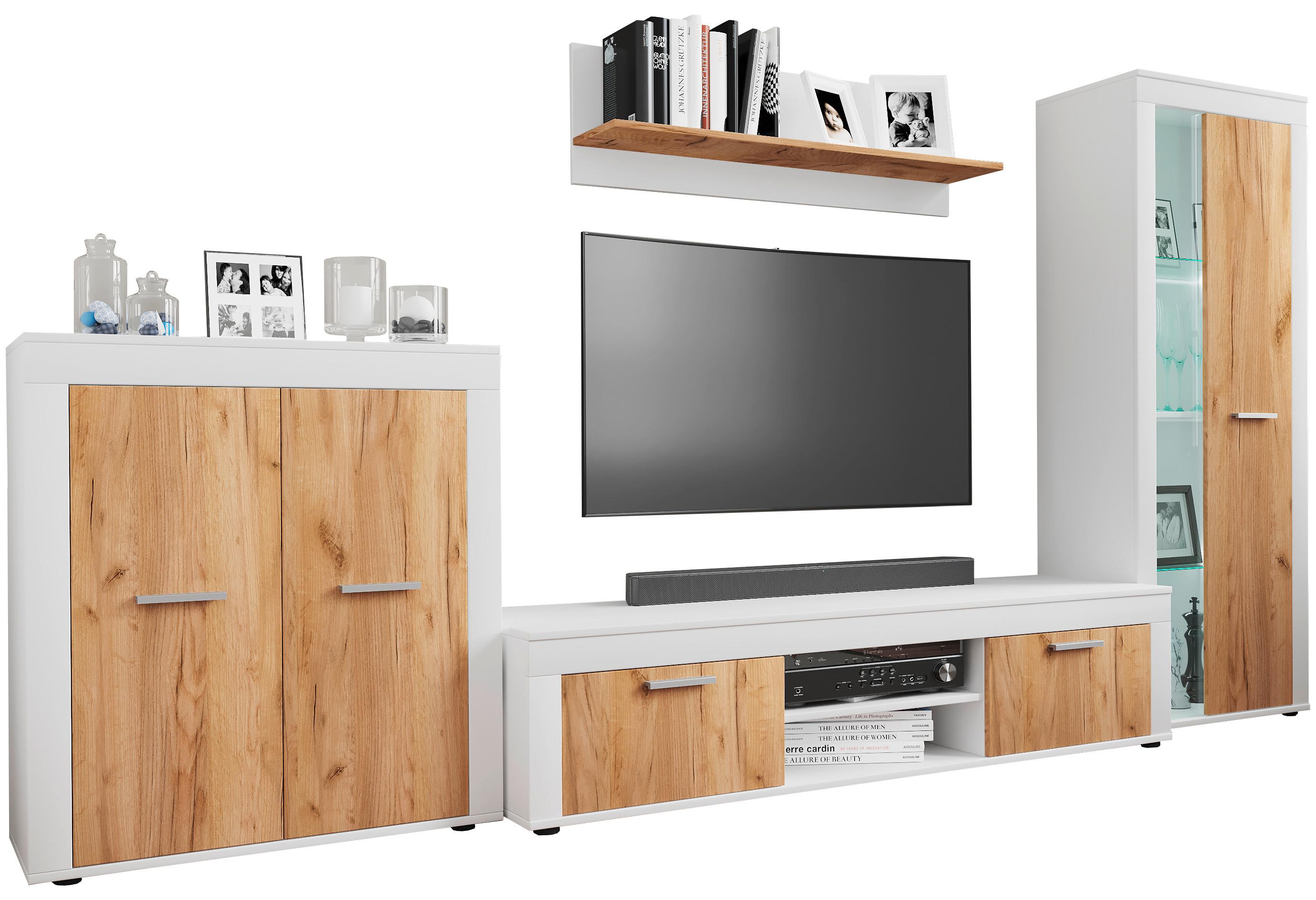 WOHNWAND USILO XL WW - Honigeiche/Weiss, Design, Glas/Holzwerkstoff (300/159/37cm) - MID.YOU