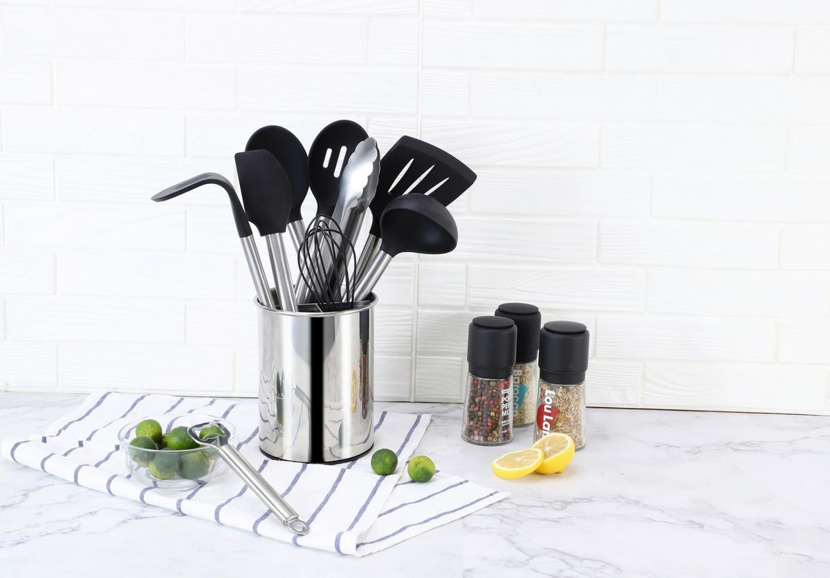 Set ustensile bucătărie 10/1 - argintiu/negru, Basics, plastic - Echtwerk