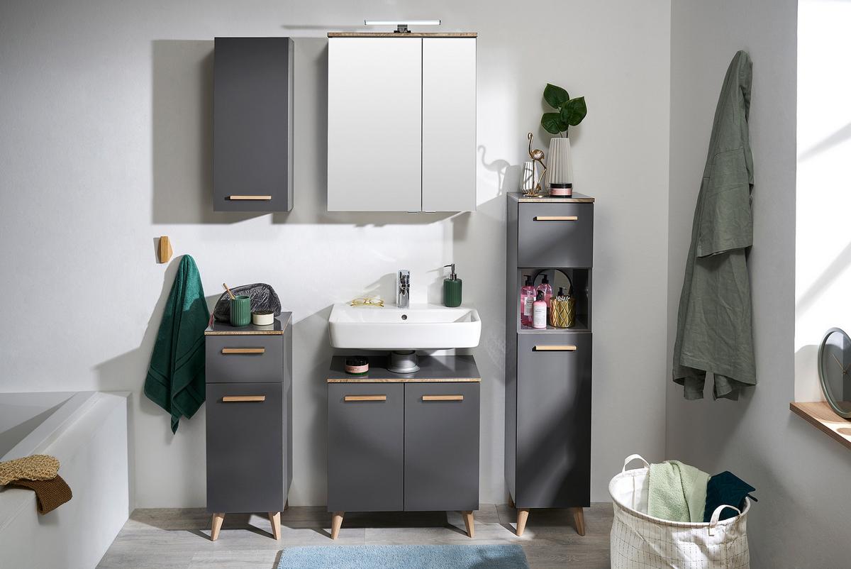 Dulap inferior lavoar Bludenz - gri închis/culoare lemn stejar, Modern, material pe bază de lemn (60/53/33cm)