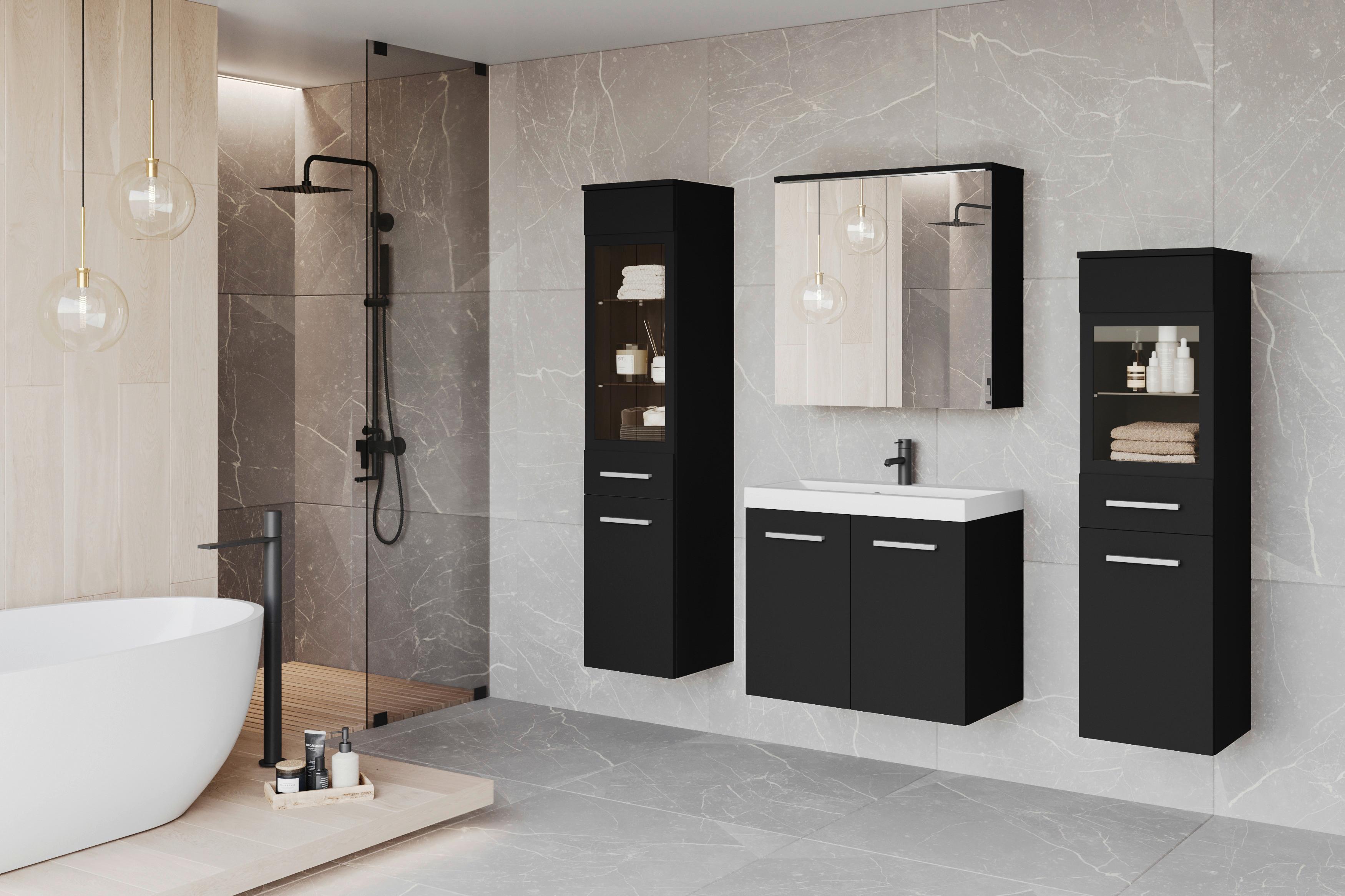 Badmöbel-Set 5-tlg. Madrit mit LED ca. 120 cm Schwarz - Silberfarben/Schwarz, LIFESTYLE, Glas/Keramik (120cm) - P & B