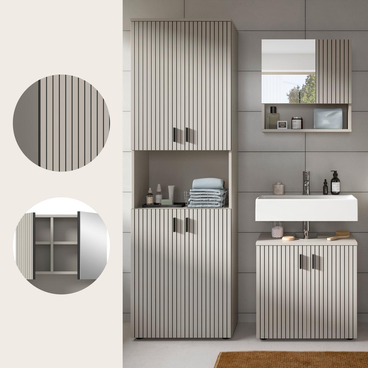 Badezimmer Mone Schwarz/Kaschmir 3-teilig - Kaschmir/Schwarz, Trend, Glas/Holzwerkstoff (120cm) - MID.YOU