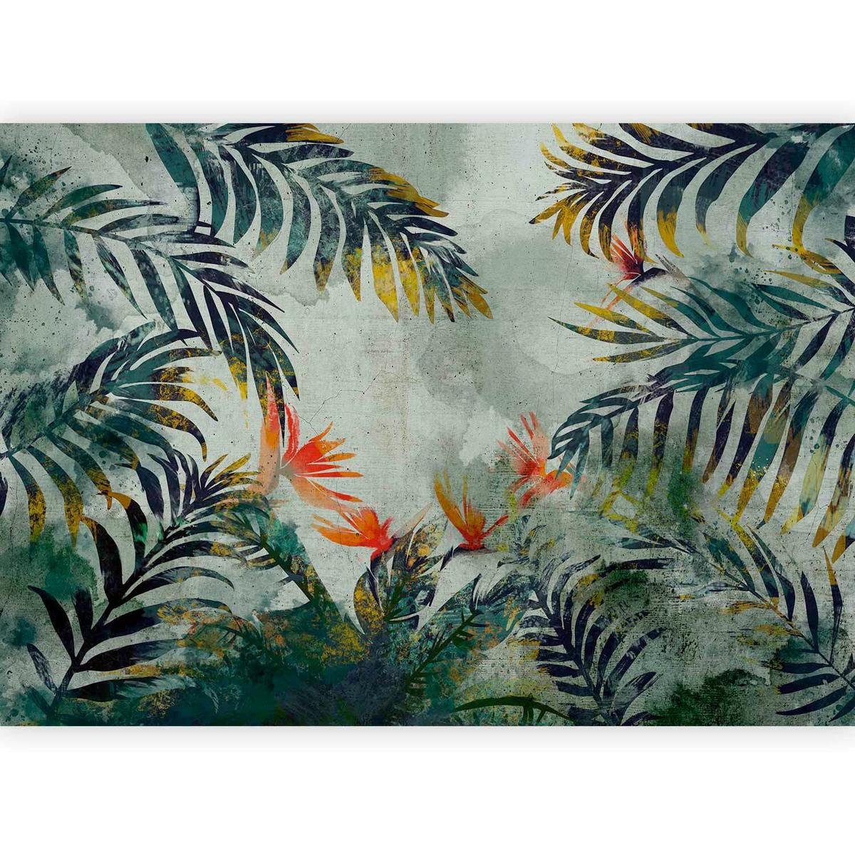 Fototapeta Jungle Flowers, 100x70cm - gozdno zelena/oranžna, Trendi, tekstil (100/70cm) - artgeist