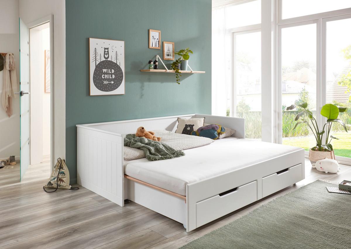 Raztegljiva Postelja Clara, Bela, 90-180x200 - bela/barve bukve, Basics, leseni material/les (90/200cm) - P & B