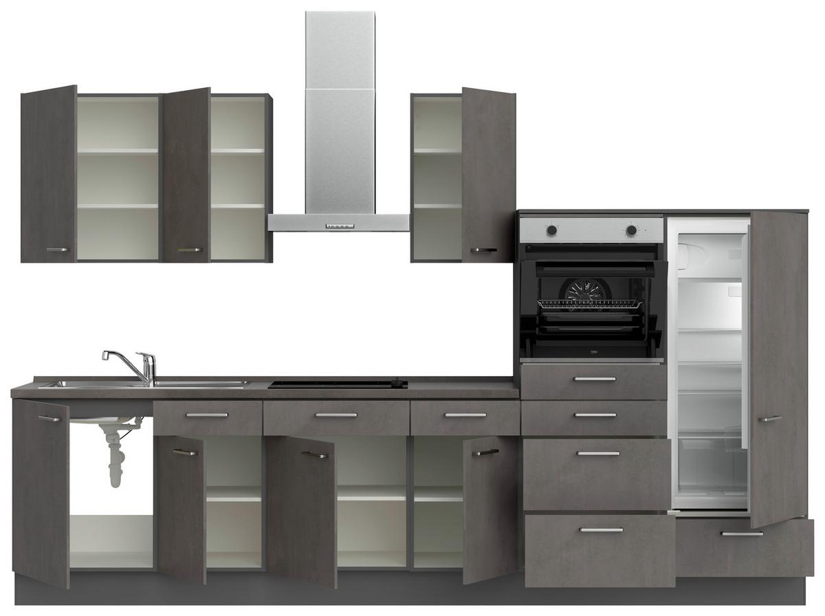 Küchenblock Riva Low m. Geräten Schieferfarben - Schieferfarben/Edelstahlfarben, MODERN, Holzwerkstoff/Metall (330cm) - Nobilia