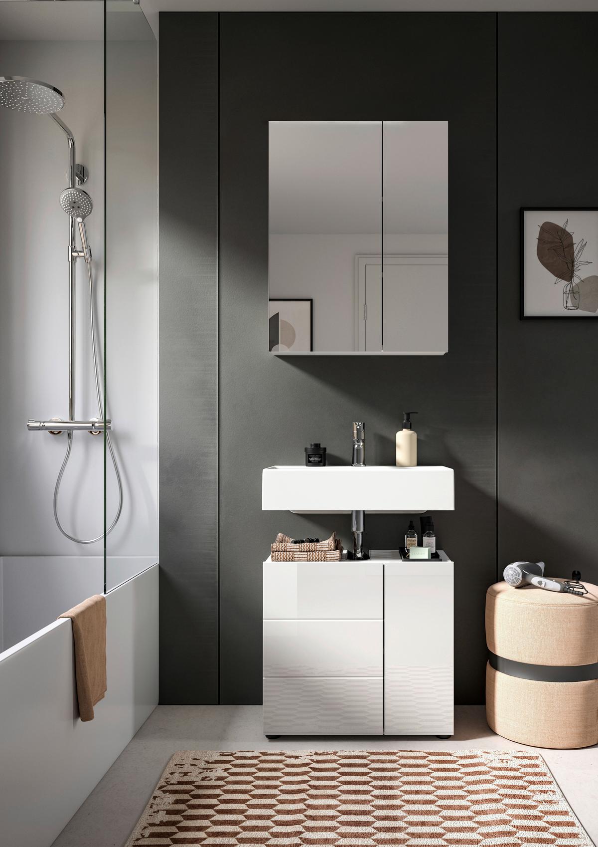Badezimmer Vira 2-tlg. ca. 60 cm Weiß - Weiß Hochglanz/Schwarz, MODERN, Holzwerkstoff/Kunststoff (60cm) - MID.YOU