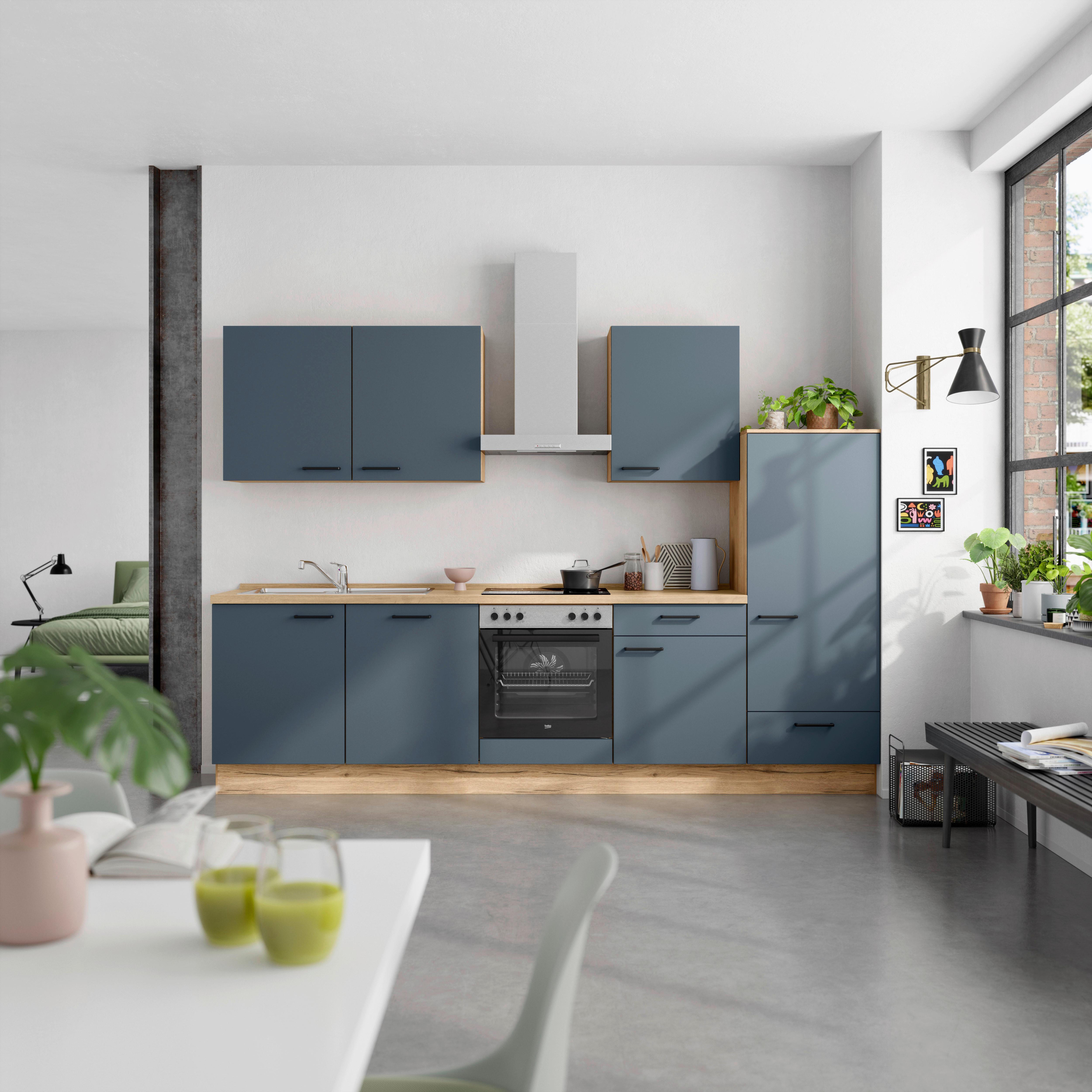 Küchenblock Easytouch Low m. Geräten Dunkelblau - Eichefarben/Schwarz, MODERN, Holzwerkstoff/Metall (300cm) - Nobilia
