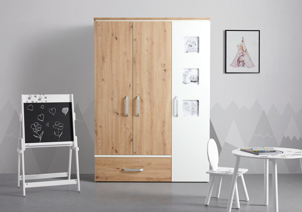 Drehtürenschrank in Weiß/Artisan Eiche - Silberfarben/Weiß, Holzwerkstoff/Metall (135/190,5/55cm) - Roba