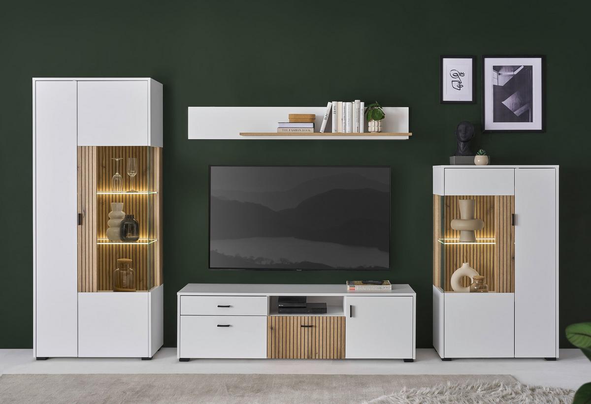 Wohnwand Hudson Weiß/Eichefarben - Eichefarben/Schwarz, Design, Glas/Holzwerkstoff (320/180/42cm) - MID.YOU