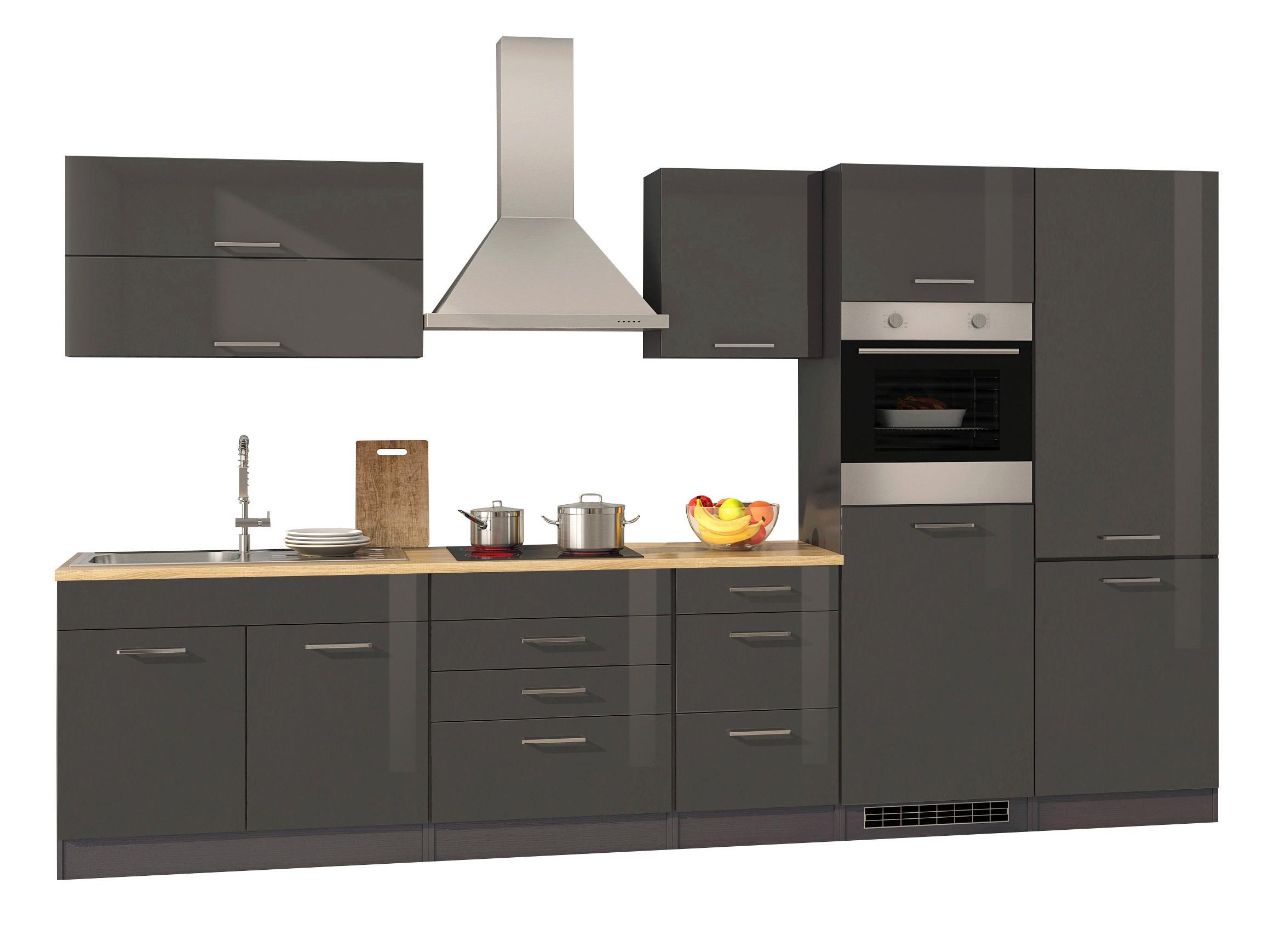 Küchenblock in Anthrazit inkl. E-Geräte 'Mailand' - Chromfarben/Eichefarben, MODERN, Holzwerkstoff/Metall (350cm) - Held
