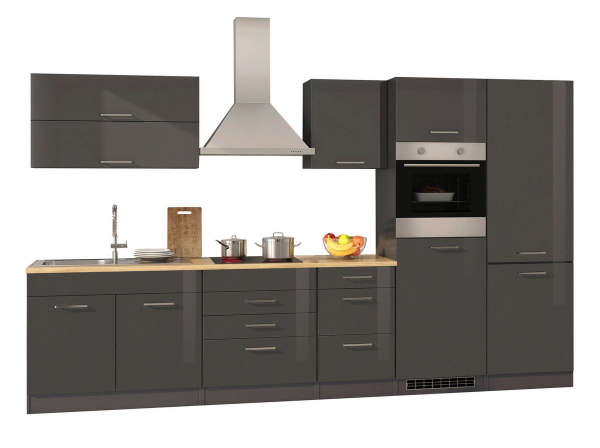 Küchenblock in Anthrazit inkl. E-Geräte 'Mailand' - Chromfarben/Eichefarben, MODERN, Holzwerkstoff/Metall (350cm) - Held