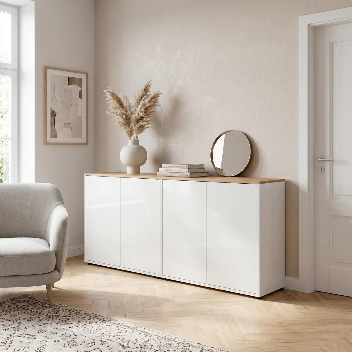 Sideboard Mailand Set 2 Weiß/Eiche - Weiß Hochglanz/Schwarz, MODERN, Holzwerkstoff/Kunststoff (158/73/33cm) - MID.YOU