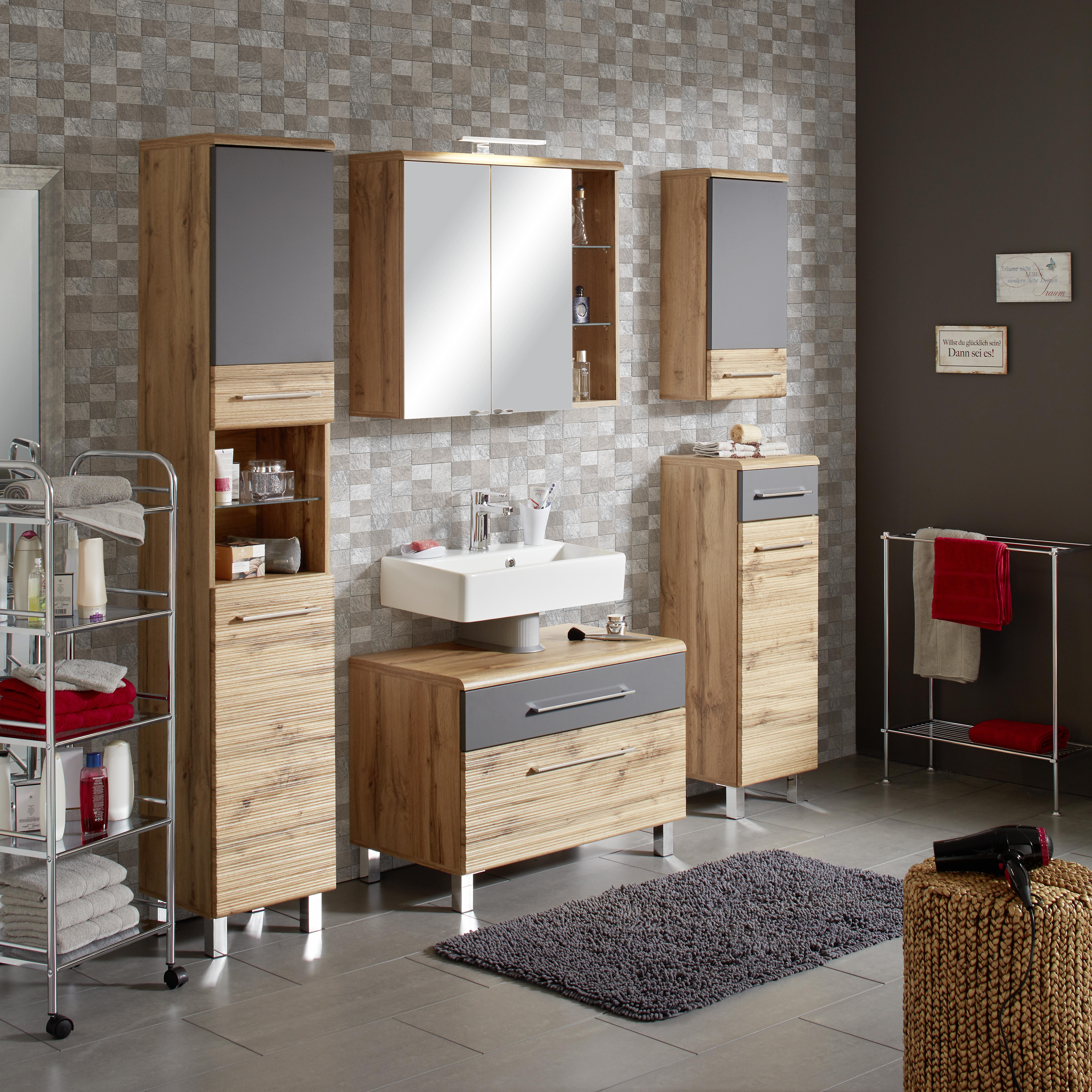 Waschbeckenunterschrank Eichefarben/Anthrazit - Chromfarben/Eichefarben, Modern, Holzwerkstoff/Metall (75/60/46cm) - Premium Living