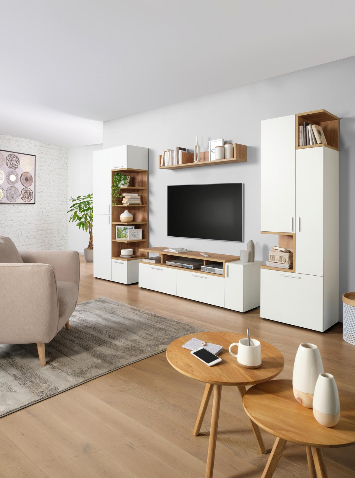 TV-Element in Weiß/Eichefarben - Eichefarben/Alufarben, MODERN, Holzwerkstoff/Kunststoff (160/53/40cm) - Mömax