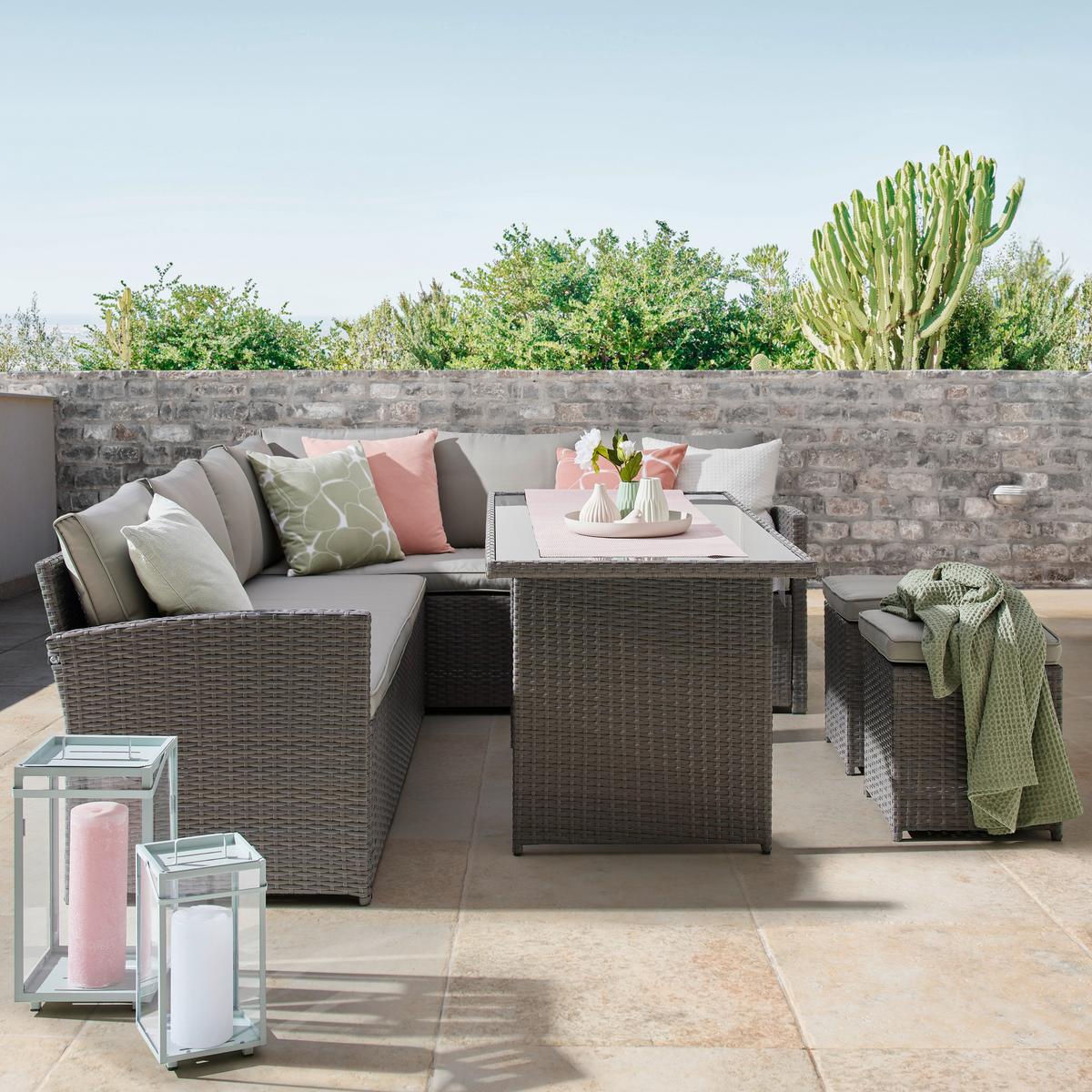 Loungegarnitur-Set Marrakesch 2 Grau aus Kunststoffgeflecht - Hellgrau/Schwarz, Modern, Glas/Kunststoff (240/70/181cm) - Mömax