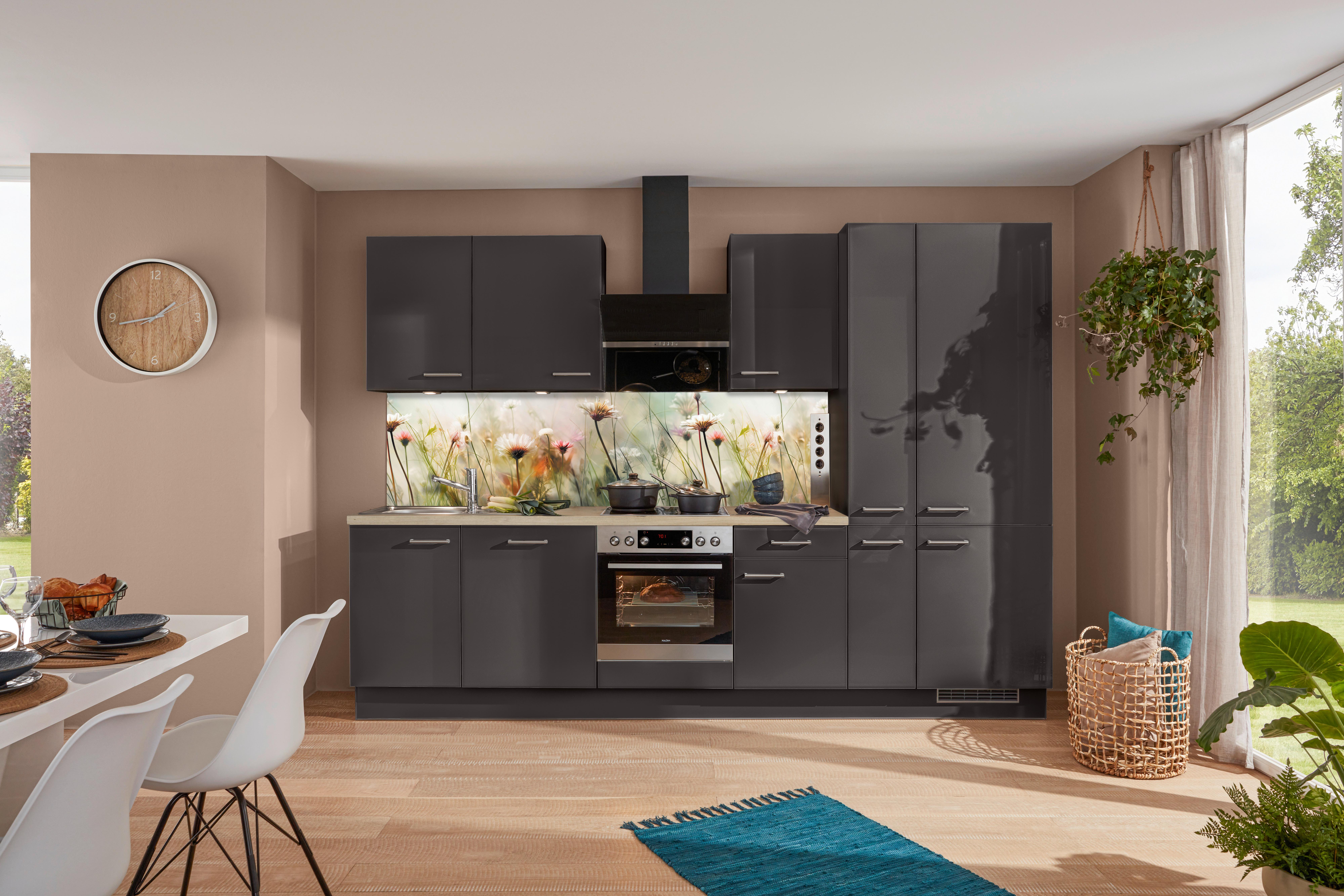 Küchenblock IP4050 in Grafit Hochglanz - Edelstahlfarben/Eichefarben, MODERN, Holzwerkstoff/Metall (310cm) - Impuls