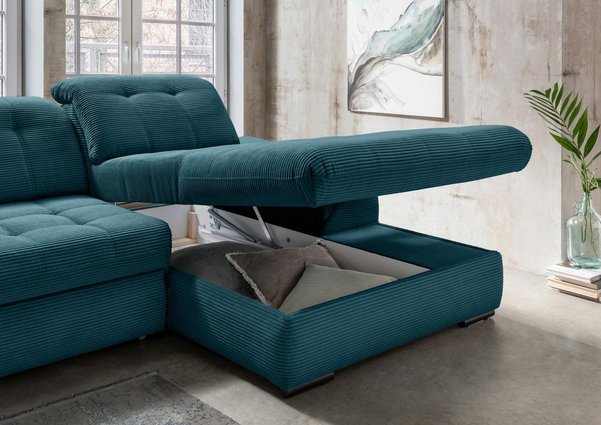 Ecksofa mit Bettkasten Rigatti ca. 314x184 cm Petrol - Petrol/Schwarz, MODERN, Textil/Metall (314/184cm) - Livetastic