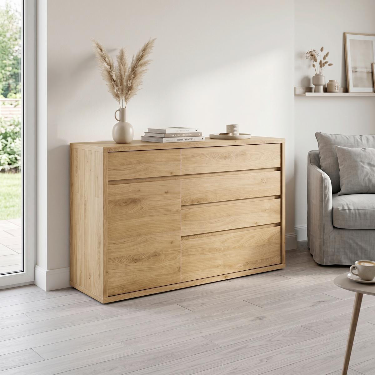 Komoda Shetland - siva/boje hrasta, Moderno, drvni materijal/plastika (136/87/40cm) - Modern Living
