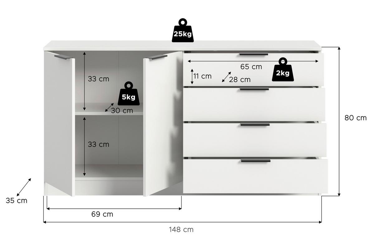 Kommode Kopenhagen Weiß - Schwarz/Weiß, Design, Holzwerkstoff/Kunststoff (148/80/35cm) - Livetastic