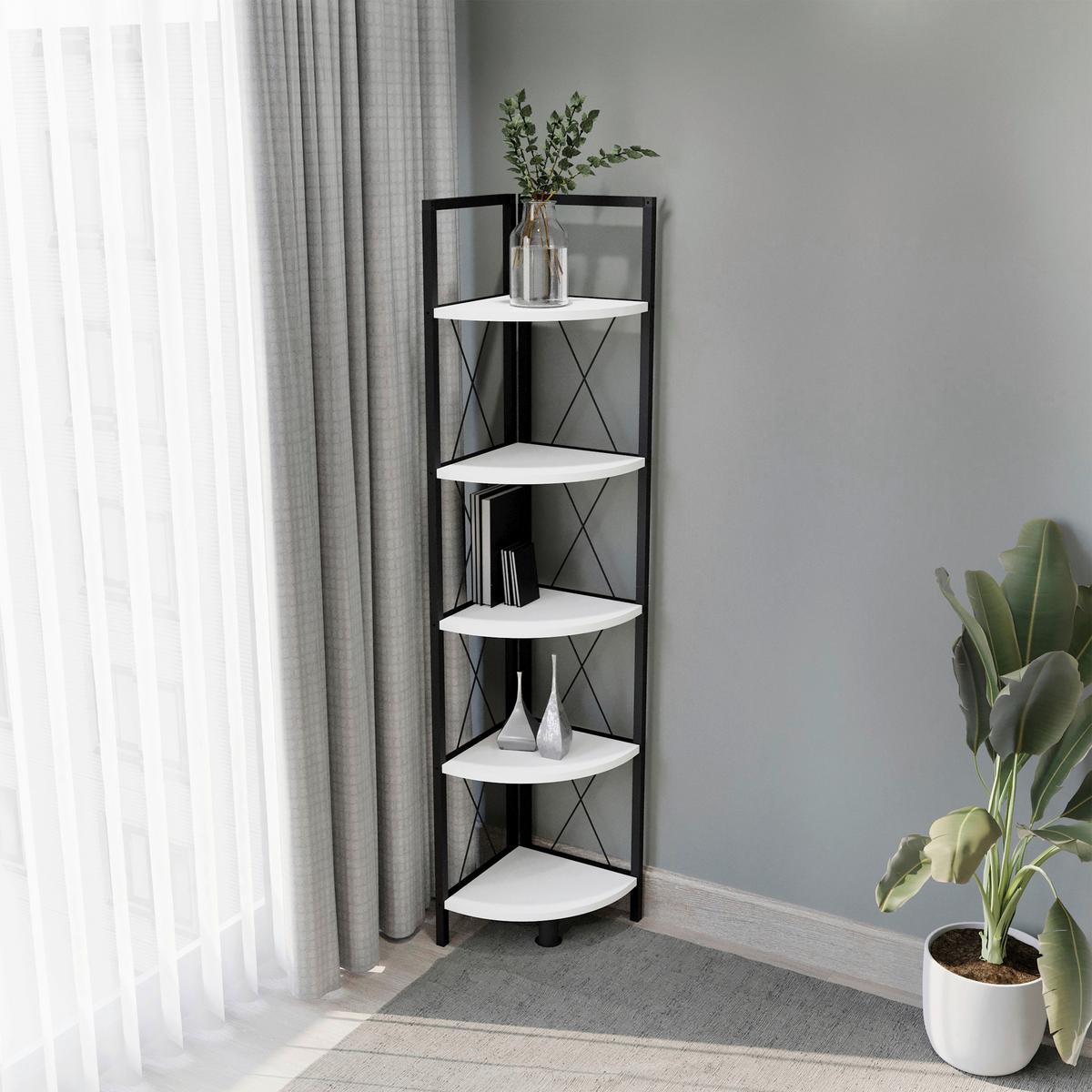 ÉTAGÈRE D'ANGLE INSASI 5 ECKREGAL - noir/blanc, Design, métal/matériau de bois (34/160/34cm) - MID.YOU