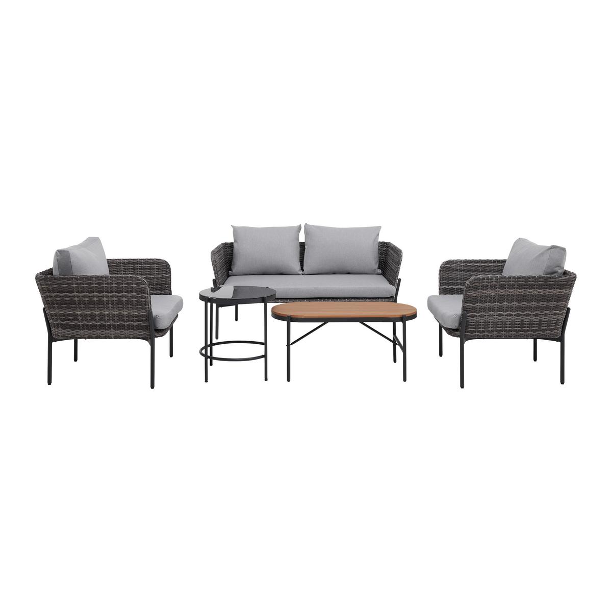 Loungegarnitur Zophia Grau Outdoorstoff/Metall/Glas - Dunkelgrau/Schwarz, MODERN, Glas/Kunststoff (150/68/70cm) - Bessagi Garden