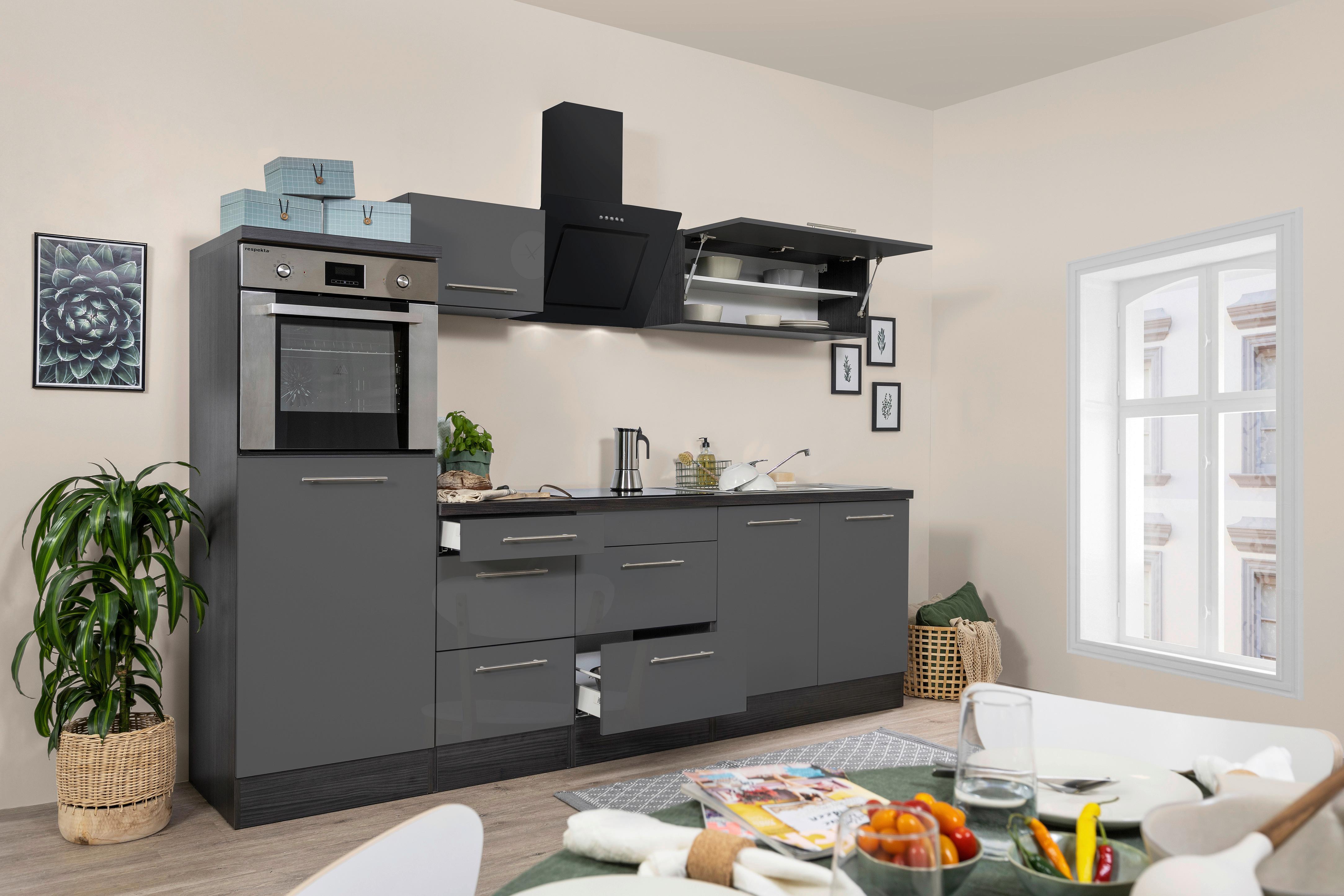 Küchenzeile mit Geräte Grau B: ca. 270 cm - Edelstahlfarben/Eichefarben, Basics, Holzwerkstoff/Metall (270cm) - Respekta