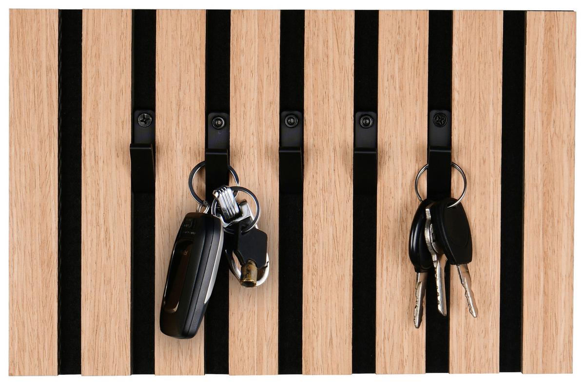 Schlüsselboard Grace Schwarz/Eiche inkl. 5 Haken - Schwarz, MODERN, Holzwerkstoff/Textil (31/20/2cm) - Mömax