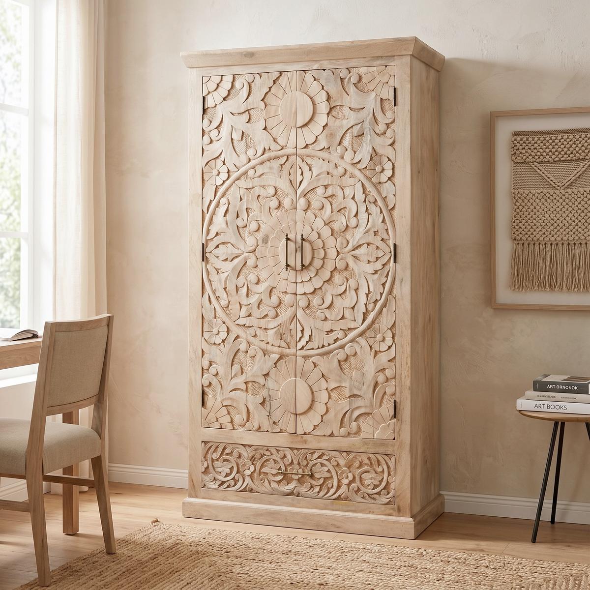 Schrank Ayda aus Mangoholz massiv - Messingfarben/Naturfarben, ROMANTIK / LANDHAUS, Holz/Metall (90/175/45cm) - Zandiara