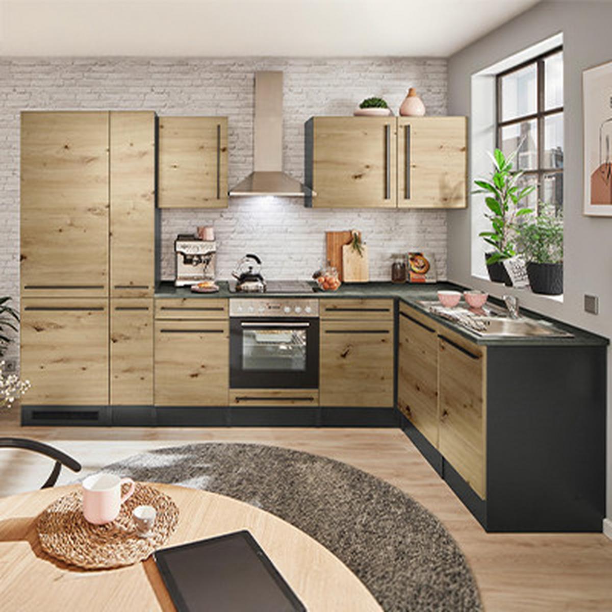 Eckküche Jazz mit Geräten ca.310x175cm Eiche/Anthrazit - Anthrazit/Schwarz, LIFESTYLE, Holzwerkstoff/Kunststoff (310/175cm) - P & B