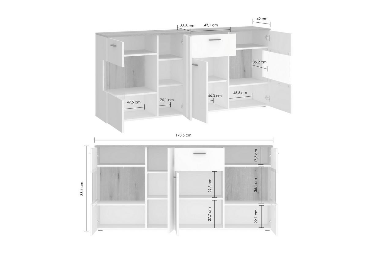 Komoda Dalano - bijela/boje hrasta, Trend, staklo/drvni materijal (173,5/83,4/42cm) - Modern Living