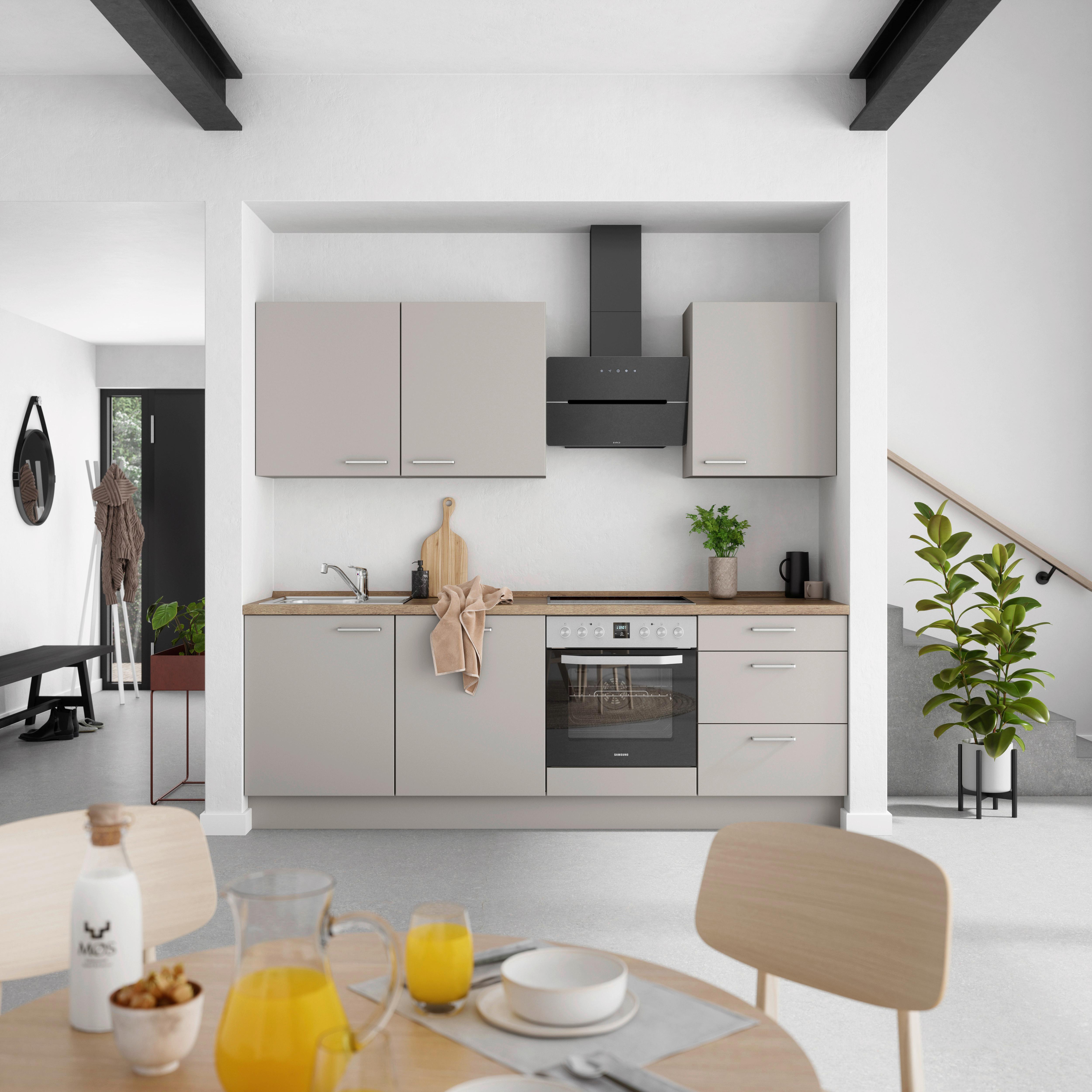 Küchenblock Touch High m. Geräten Grau - Eiche dunkel/Edelstahlfarben, MODERN, Holzwerkstoff/Metall (240cm) - Nobilia